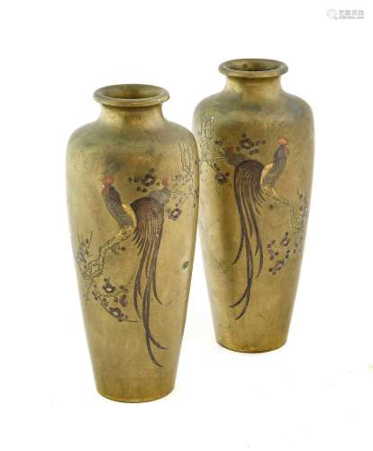 A Pair of Japanese Bronze and Mixed Metal Vases, Meiji perio...