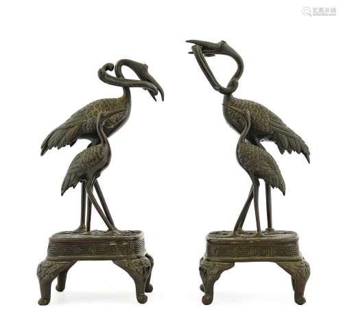 A Pair of Japanese Bronze Groups of Cranes, Meiji period, ea...