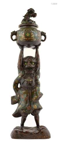 A Japanese Bronze and Cloisonne Enamel Figural Koro and Cove...