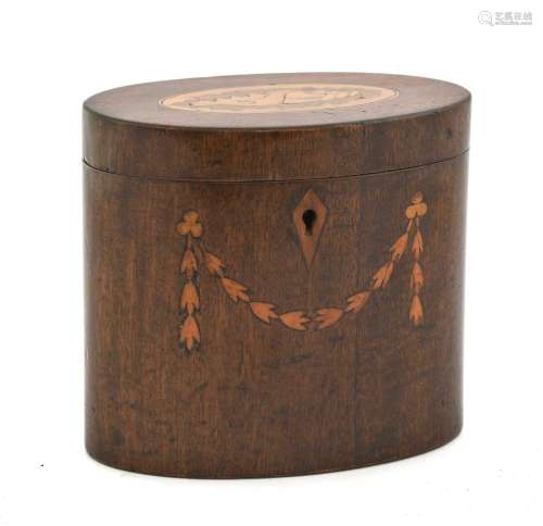 A George III Harewood and Marquetry Oval Tea Caddy, the hing...