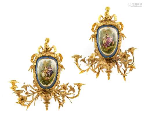 A Pair of Gilt Metal Mounted Sèvres-Style Four-Branch Wall S...