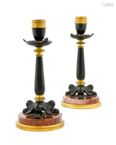 A Pair of Parcel Gilt Patinated Bronze Candlesticks, in Fren...