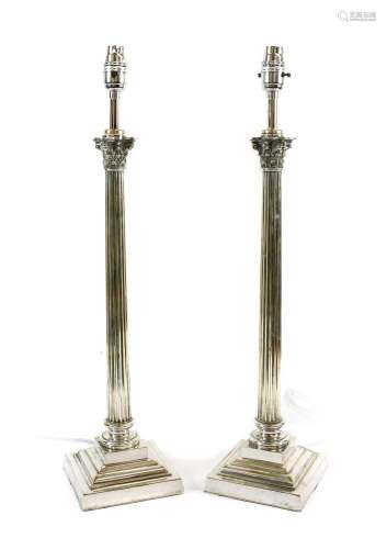 A Pair of Silver Plate Corinthian Column Table Lamps, early ...