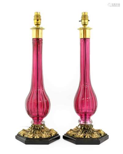 A Pair of Lucy Cope Metal-Mounted Cranberry Glass Lamp Bases...