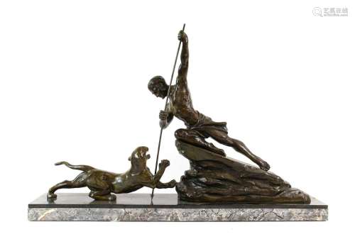 After Rene Varnier: A Patinated Spelter Figure Group of a Hu...