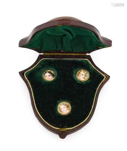 A Set of Three French Porcelain-Mounted Gold Dress Studs, mi...