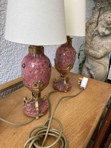 A Pair of Gilt Metal-Mounted Pink Marble Lamp Bases, in Loui...