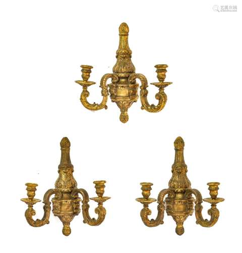 A Set of Three Giltwood and Gesso Twin-Light Wall Sconces, i...