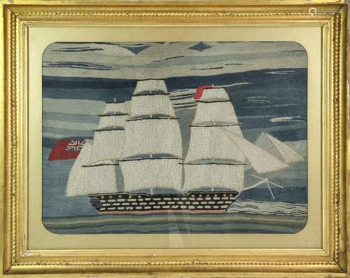 A Sailors Woolwork Picture, 19th century, worked in coloured...