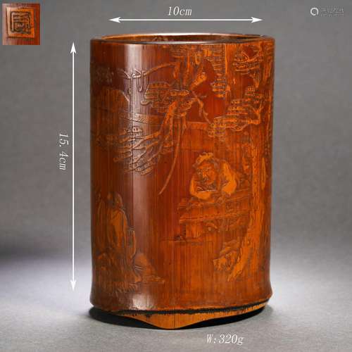 Carved Bamboo Figure Story Brush Pot By Zhishan