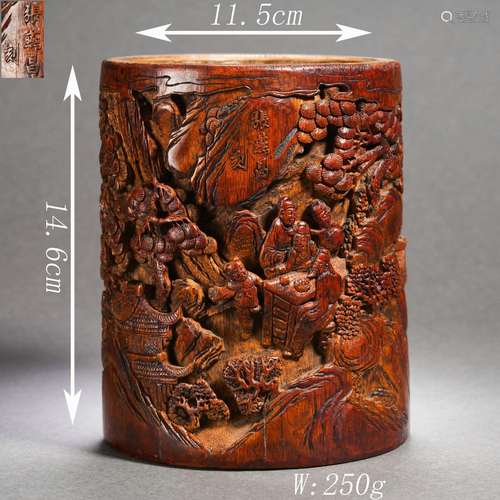 Relief-Decorated Figure Story Brush Pot By Zhang Yanchang