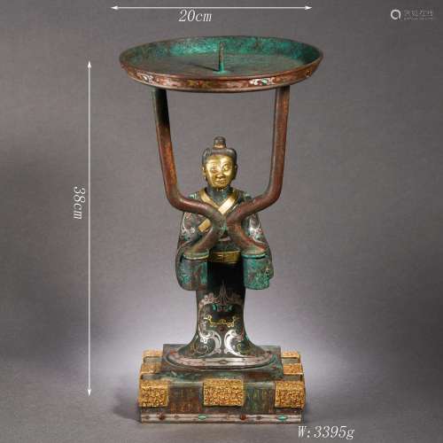 Gold and Silver Inlaid Bronze Figure Candlestick