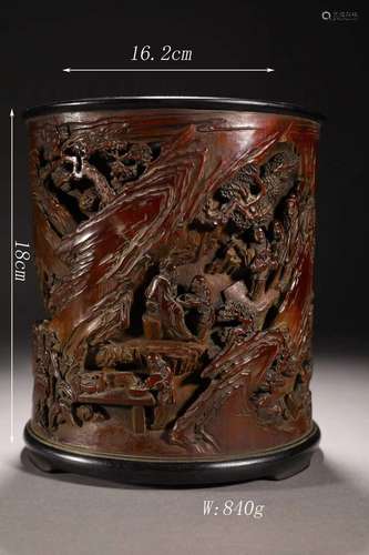 Carved Bamboo Landscape and Figure Story Brush Pot