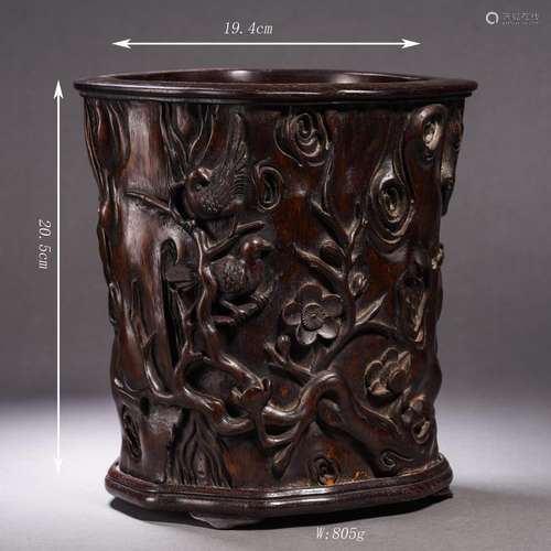 High Relief-Decorated Flower and Bird Brush Pot