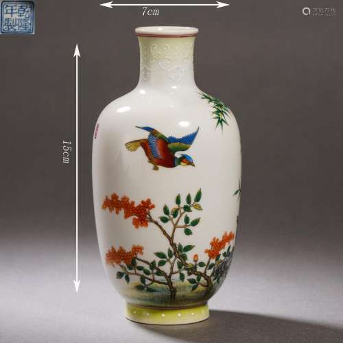 Enamel Flower and Bird Bottle Vase