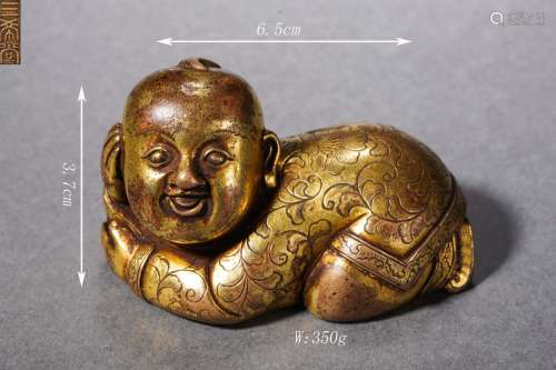 Gilt-Bronze Boy Scroll Weight Marked Sanxitang