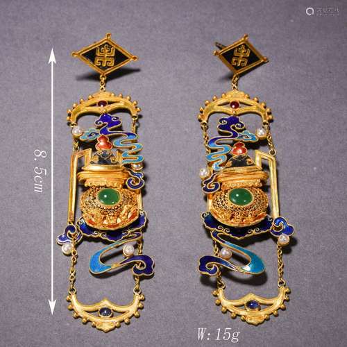 Pair of Hardstone Inlaid Enamel Filigree Earrings