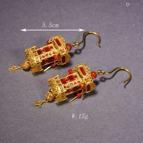 Pair of Hardstone Inlaid Gold Filigree Lamp-Form Earrings