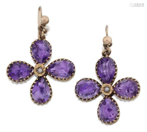 A Pair of Split Pearl and Amethyst Drop Earrings First quart...