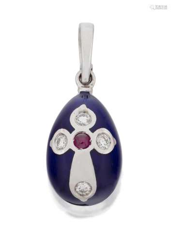 An Enamel, Diamond and Ruby Egg Pendant by Fabergé