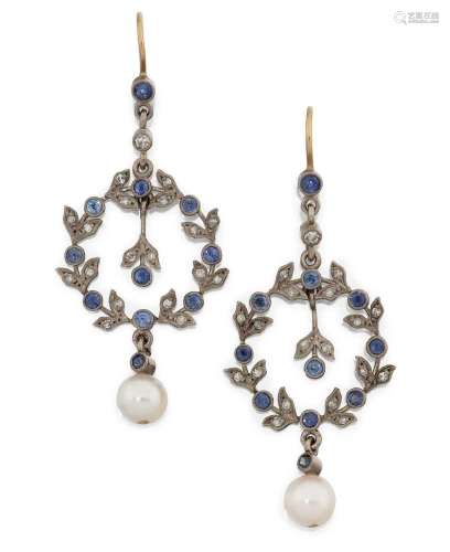 A Pair of Sapphire, Diamond and Cultured Pearl Drop Earrings