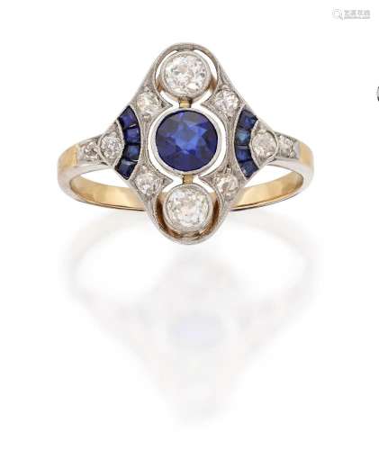 An Art Deco Synthetic Sapphire and Diamond Ring
