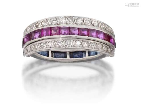 A Ruby, Sapphire and Diamond Eternity `Flip` Ring