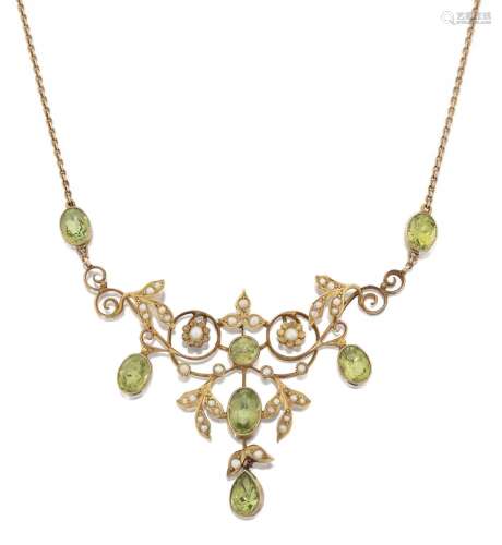 An Edwardian Split Pearl and Peridot Necklace