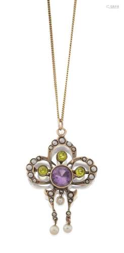 An Amethyst, Peridot and Split Pearl Brooch/Pendant on Chain