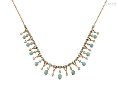 A Split Pearl and Turquoise Fringe Necklace First quarter 20...