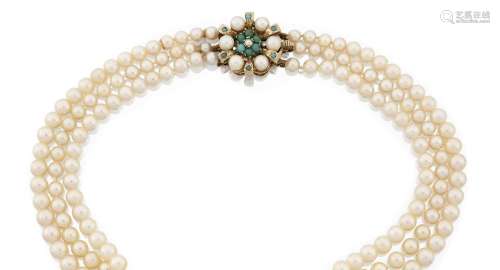A Triple Row Cultured Pearl Necklace, with A Cultured Pearl ...