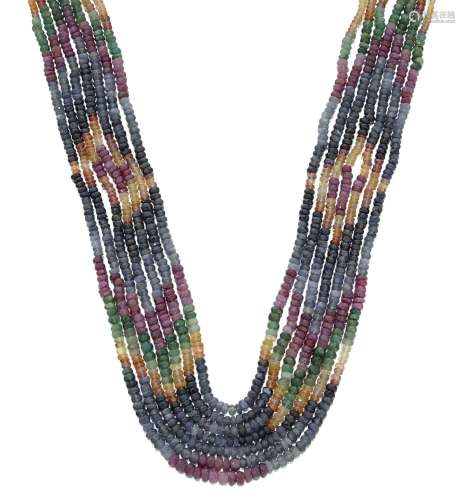 A Multi-Coloured Gemstone Seven Strand Bead Necklace