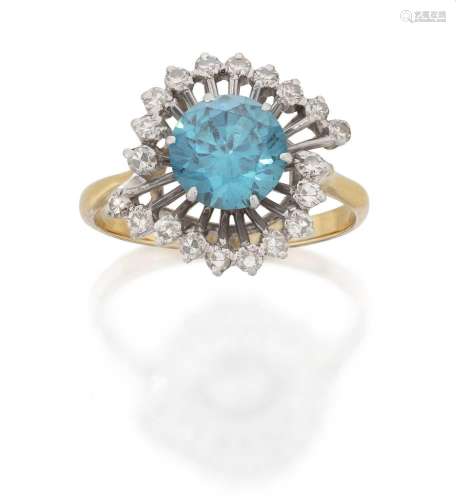 A Blue Zircon and Diamond Cluster Ring