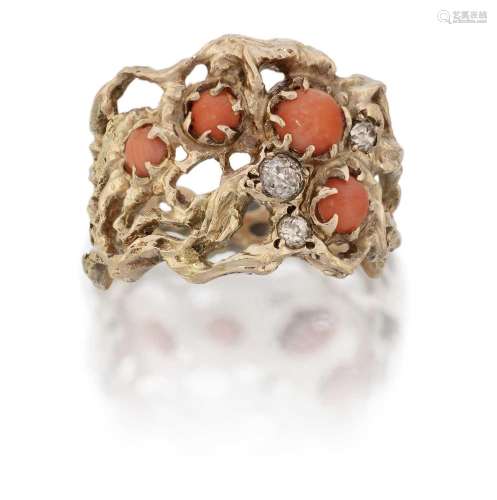 An Abstract 9 Carat Gold Coral and Diamond Ring