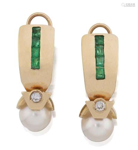 A Pair of Emerald, Diamond and Cultured Pearl Earrings