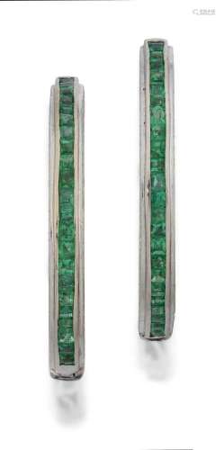 A Pair of Emerald and Diamond Hoop Earrings