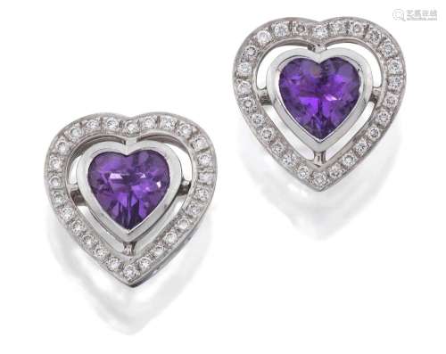 A Pair of 18 Carat White Gold Amethyst and Diamond Cluster E...