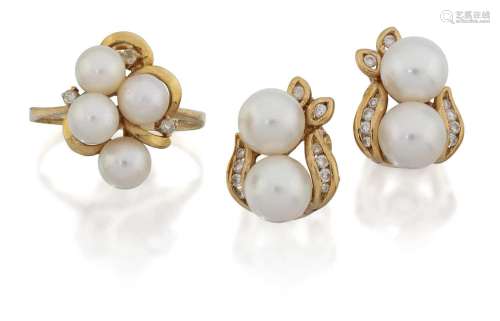 A Cultured Pearl and Diamond Ring and A Pair of Cultured Pea...