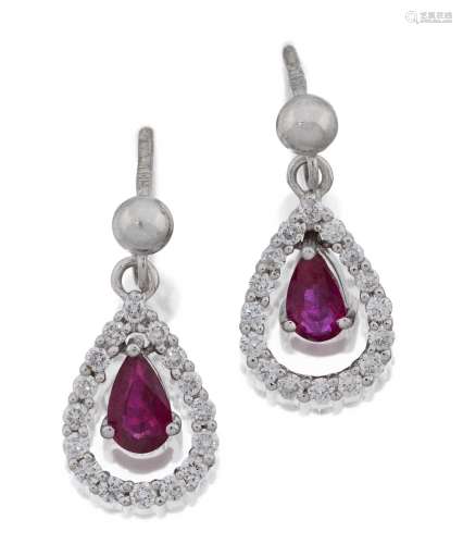 A Pair of 18 Carat White Gold Ruby and Diamond Drop Earrings