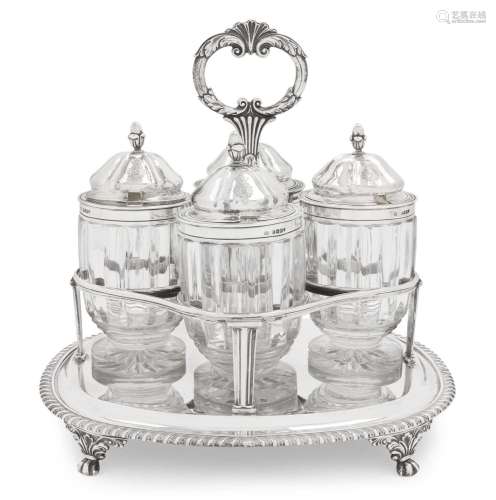 A George III Silver Condiment-Set With Four George IV Silver...