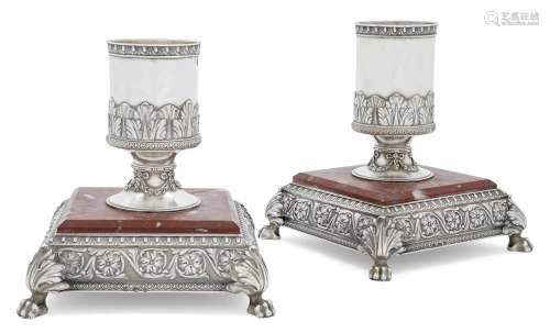 Two Russian Silver-Mounted Antico Rosso Candlesticks Cyrilli...