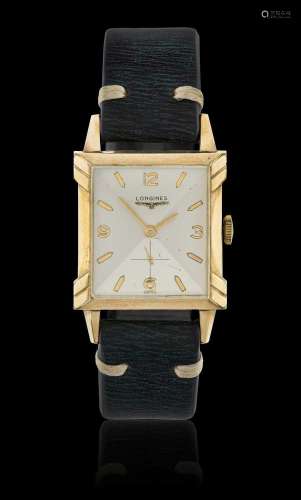 Longines: A 10 Carat Gold Filled Square Shaped Wristwatch Lo...