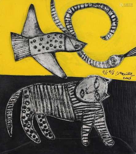 Corneille (niederländisch, 1922 - 2010), cat, bird and snake