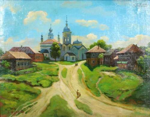 Boris Shcherbakov (russisch 1916-1995), Dorfszene mit Kirche