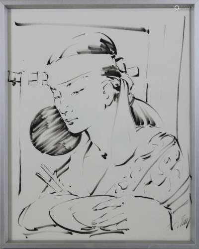 Unbekannter Künstler, Frauenporträt, Tusche auf Papier