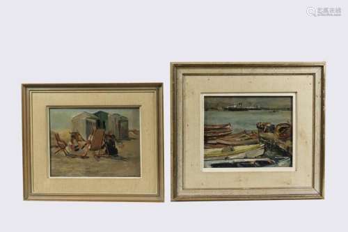 2 x Gemälde, Georg Hambüchen (1901-1971), 1 x Hafen von Barc...