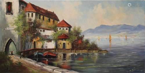 Unbekannter Künstler, Haus am See, Öl auf Leinwand