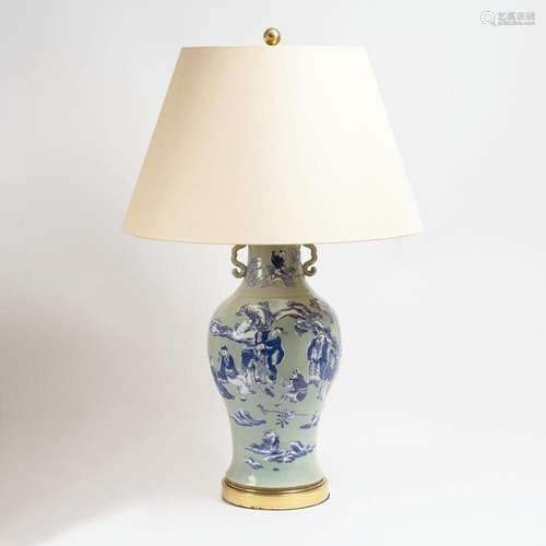 A Large Chinese Vase Lamp with Figural Garden Scene.