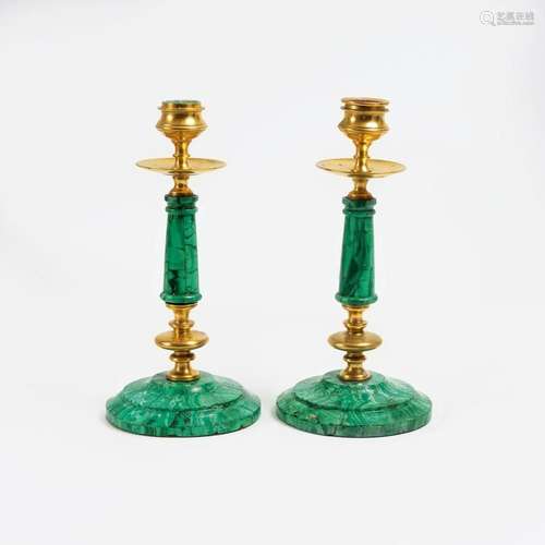 A Pair of Malchite-Candlesticks.