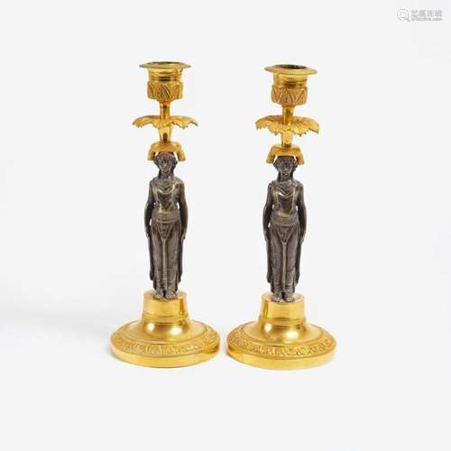 A Pair of Excellent Empire Candlesticks with Caryatids in th...